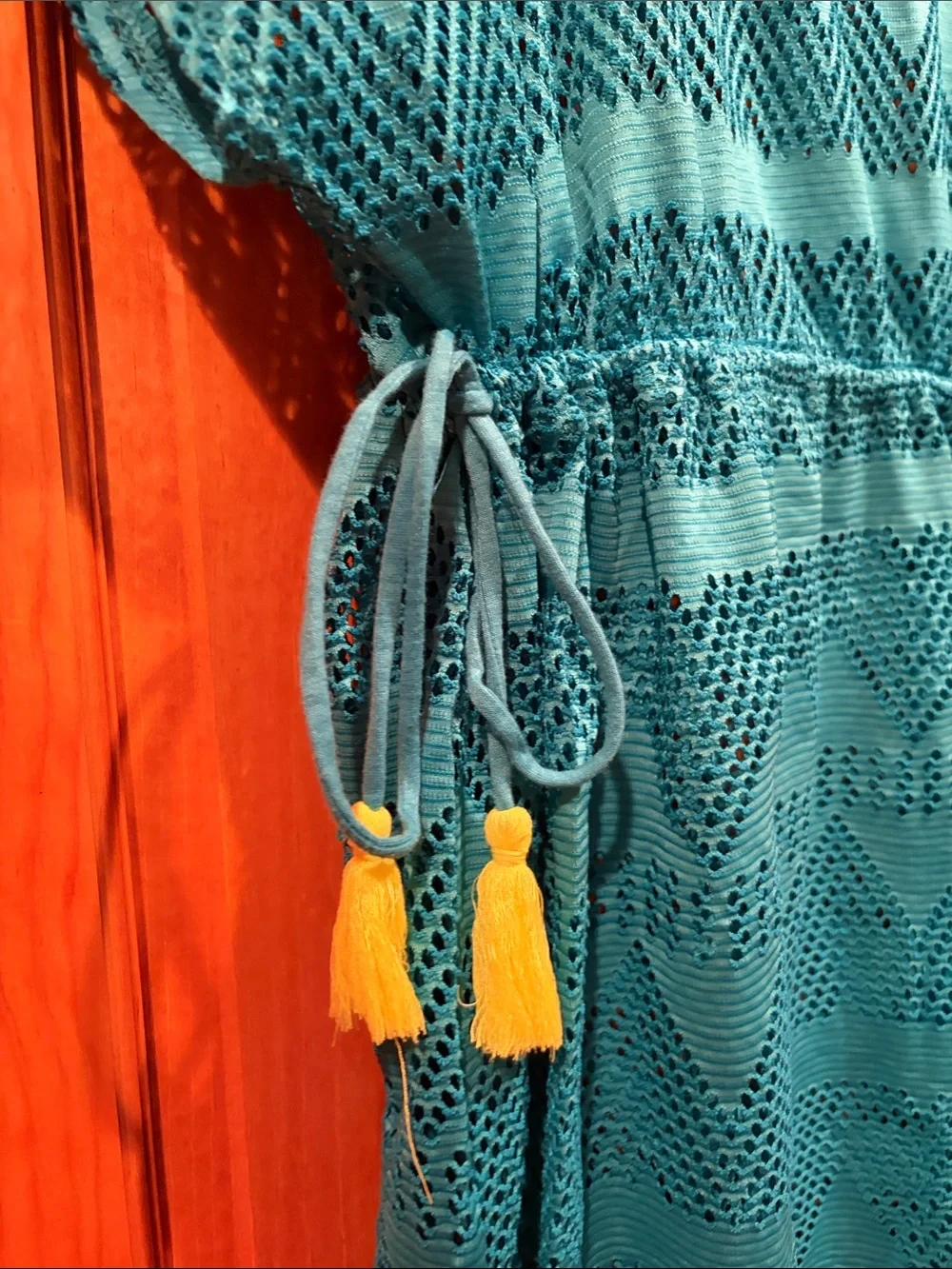 Women’s Teal Crochet Beach Cover-Up with Neon Tassel Drawstring - Picture 4 of 10